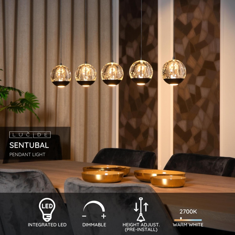 Lucide SENTUBAL - Závesné svietidlo - LED Dim. - 5x5,3W 2700K - Čierna